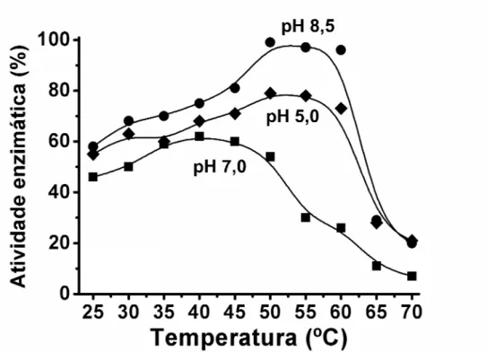 Figura 13. Atividade enzimática relativa da LAPr-Li em diferentes pHs com o aumento da temperatura