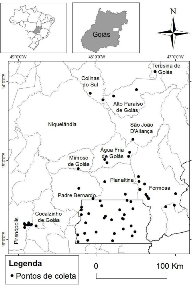 Figura 1- Distribuição dos pontos de coleta de Simuliidae (Diptera: Nematocera) no Distrito  Federal e alguns municípios no estado de Goiás, Brasil