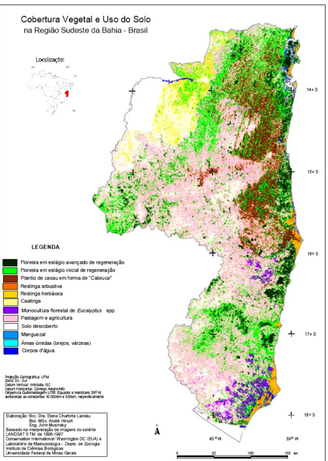 Figura 5 - Mapa de cobertura vegetal e uso do solo da região Sudeste da Bahia. A categoria  de uso do solo “plantio de cacau em forma de cabruca” é representada pela cor marrom