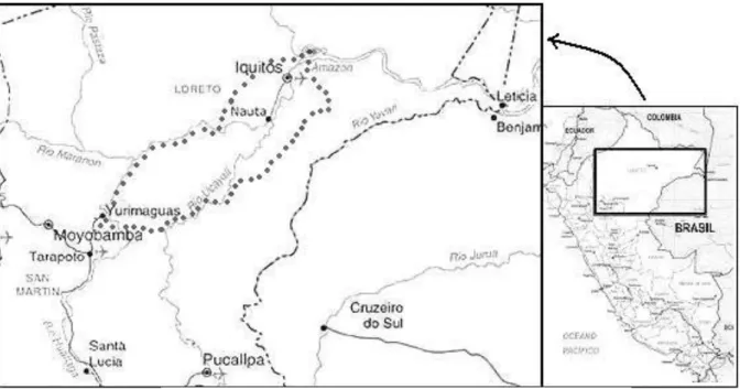 Figura 2  –  Mapa de localização geográfica do povo kukama-kukamiria na Amazônia Peruana,  Brasileira e Colombiana 