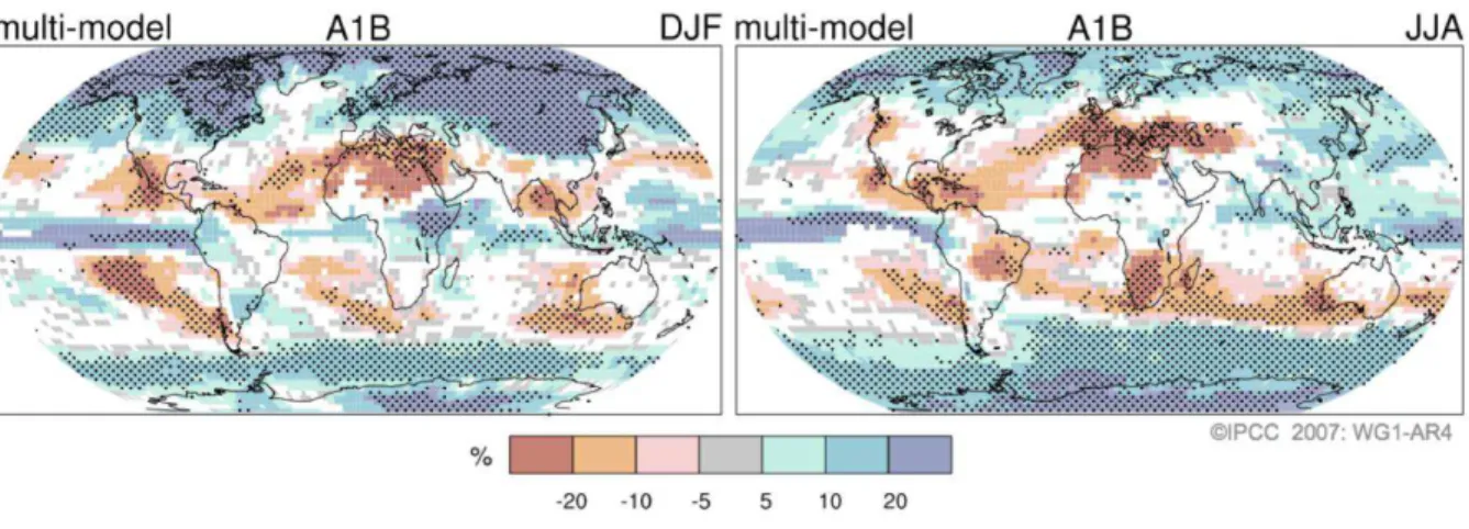 Figura  1  Padrões  de  mudança  nas  precipitações  projetados  pelos  modelos  do  IPCC  2007  no  cenário  A1B  (balanço de emissões de vários tipos de energia)