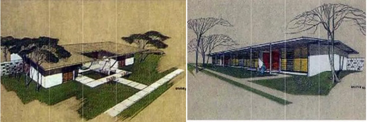 Figura  12:  Perspectivas  de  duas  tipologias  para  habitações  para  a  vila  Serra  do  navio  projetado  por  Oswaldo  Bratke