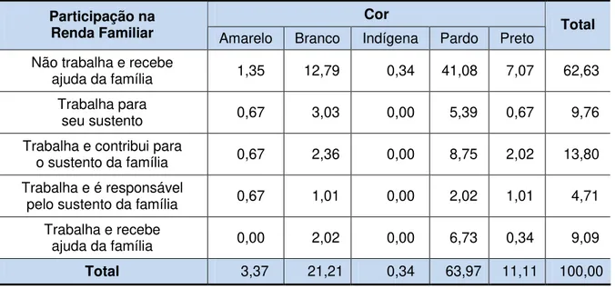 TABELA 10 – PARTICIPAÇÃO NA RENDA FAMILIAR  Participação na  Cor 