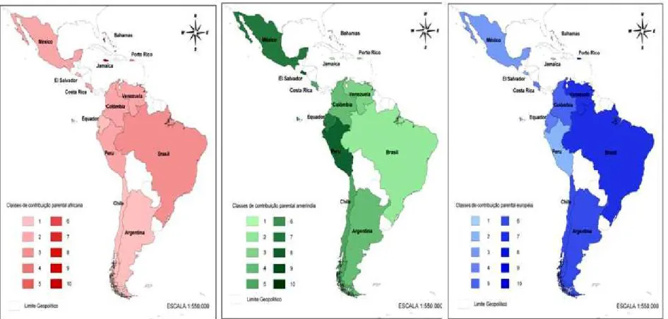 Figura 1.1. Mapa da América Latina e Caribe mostrando as variações étnicas entre os países conforme as estimativas de  contribuição parental africana (vermelho), ameríndia (verde) e européia (azul)
