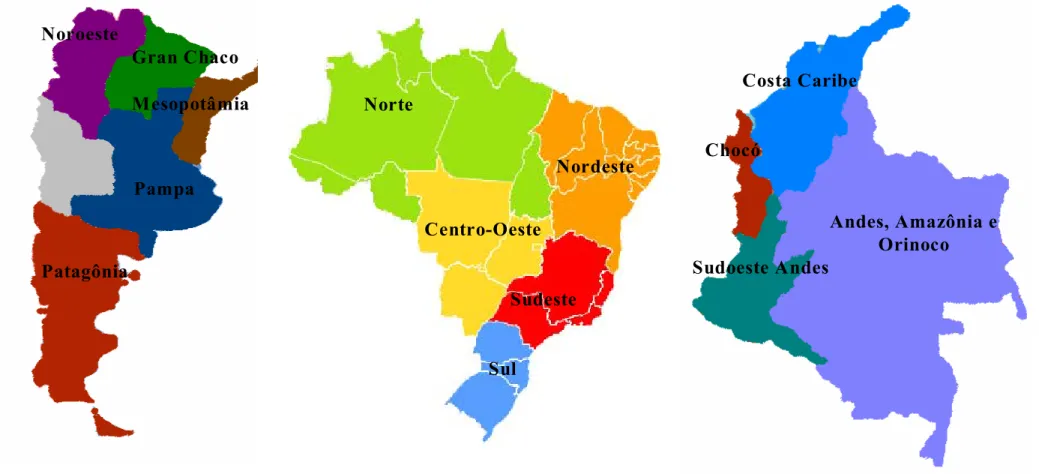 Figura 2.1. Mapa da Argentina, Brasil e Colômbia e suas respectivas regiões geográficas adotadas para as análises desenvolvidas neste trabalho
