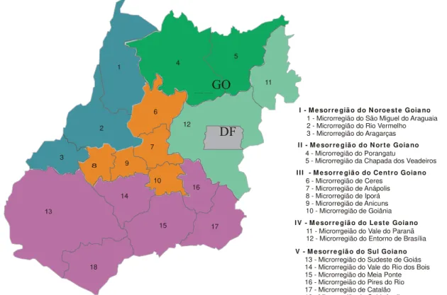 Figura 3.1. Mapa do estado de Goiás destacando as dezoito microrregiões, de acordo com  classificação do sistema de cartografia do IBGE (2000)