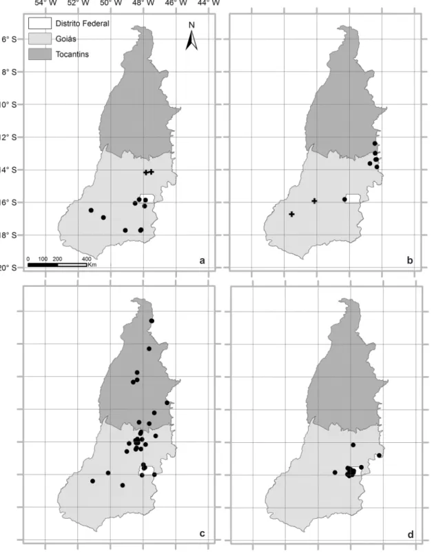 Figura 2 – Distribuição das espécies de Encyclia no Distrito Federal, Goiás e Tocantins