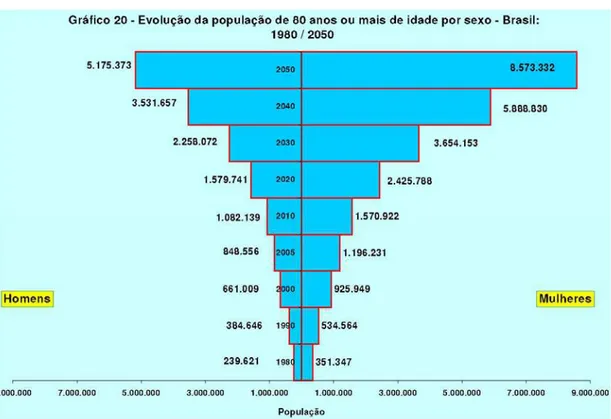 Gráfico i: Pirâmide populacional 1980- 2050. (IBGE, 2004, p.68) 