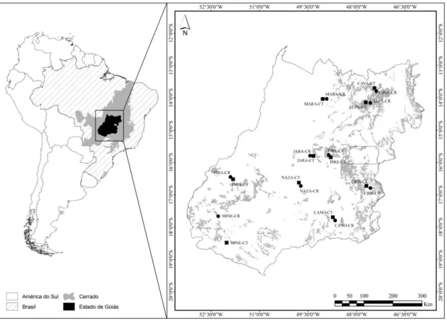 Figura  2.1  -  Sítios  adjacentes  de  Cerrado  Típico  -  CT  (■)  e   Cerrado  Rupestre  -  C R  (●)  amostrados  no  Brasil  Central  e  suas  localizações  em  relação  ao  Cerrado  e  ao  Brasil