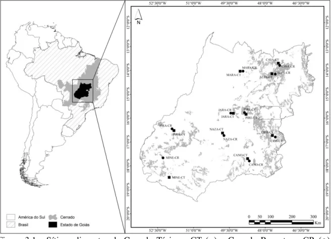 Figura  3.1  -  Sítios  adjacentes  de  Cerrado  Típico  -  CT  (■)  e  Cerrado  Rupestre  -  CR  (●)  amostrados  no  Brasil  Central  e  suas  localizações  em  relação  ao  Cerrado  e  ao  Brasil