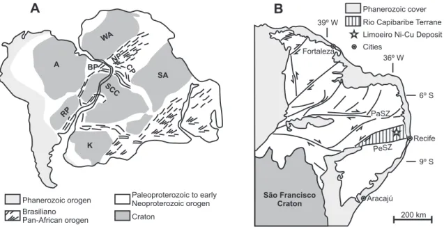 Fig.  1.1  (A)  Pre-rift  reconstruction  of  western  Gondwana  showing  the  main  cratons  and  Brasiliano/Pan-African  provinces  (modified from  Neves and  Alcantara,  2010)