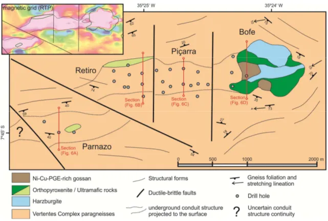 Fig.  1.2  Geological map  of  the  Limoeiro  intrusion.  The  inset  on  the  upper-left  corner  is  the  Reduced  to  Pole  ground  magnetic grid
