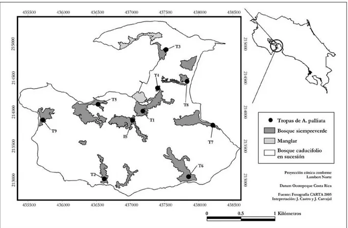 Figura 1. Distribución geográfica de las tropas (n  =  9) y de un macho adulto solitario (IS) de Alouatta palliata palliata en el Refugio Na- Na-cional de Vida Silvestre Isla San Lucas, Costa Rica.