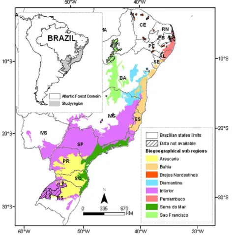 Fig. 1. Biogeographical sub-regions (BSRs) based on the main areas of endemism of birds, butterflies and primates as proposed by Silva and Casteleti (2003)