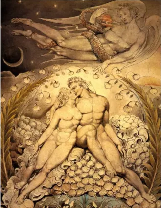 Figura 22 - Satã  observando  o  amor  de  Adão  e  Eva.  William  Blake,  1808.  Atualmente  no  Mus