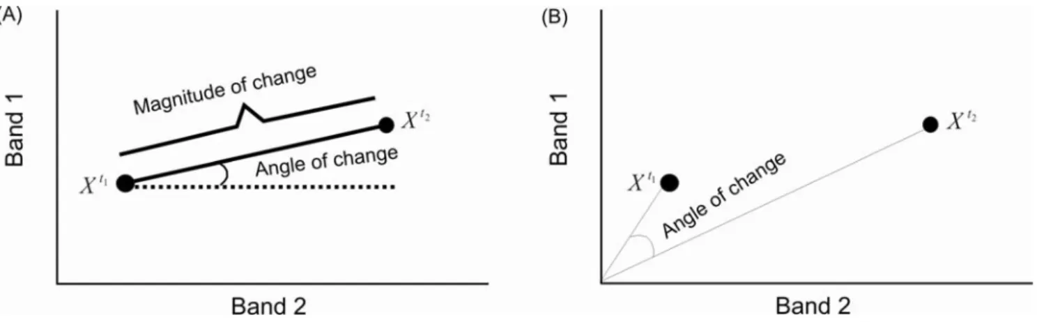 Figure 2. Two concepts in calculating the change angle of a pixel for the first (t 1 ) and  second (t 2 ) times: (a) magnitude and direction of change vector, relative to a projection of  the x axis (dotted line), from Malila (1980); and (b) angle of chang