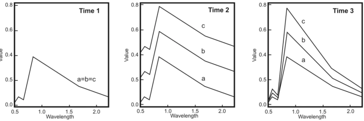 Figure 6. Effects of gain and offset changes. Time t 1 : equal gain and offset; Time t 2 :  different offset; and Time t 3 : different gain