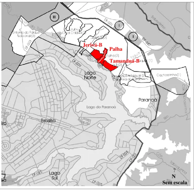 Figura 3.2. Localização da comunidade do Palha, composta por três núcleos rurais  (Adaptado do mapa de macrozoneamento do PDOT ( Distrito Federal,1997))