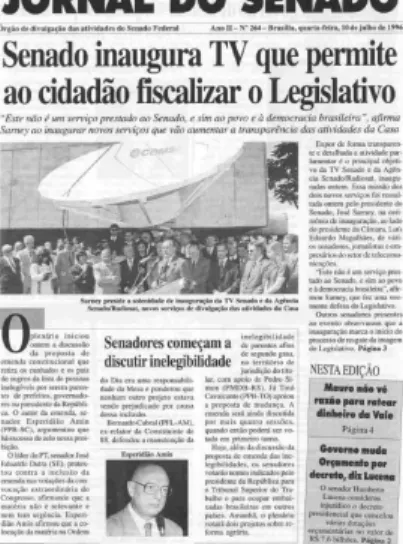 Figura 2 - Fac-símile da capa da edição de número 264 do Jornal do Senado, publicada em 10 de Julho  de 1996, registrando a inauguração oficial da TV Senado