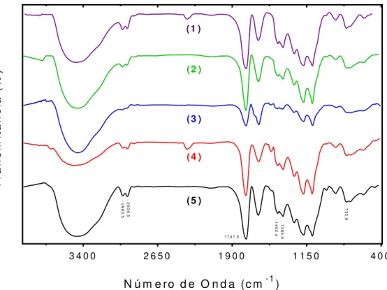 Figura 10: Espectros FTIR das NP sem CHB. Na sequência:  (1) NP.Vazia,  (2) NP.Vazia.EDC/NHS,  (3)  NP.Vazia.EDC/NHS.PEP,  (4)  NP.Vazia.DOPA  e  (5)  NP.Vazia.DOPA.PEP