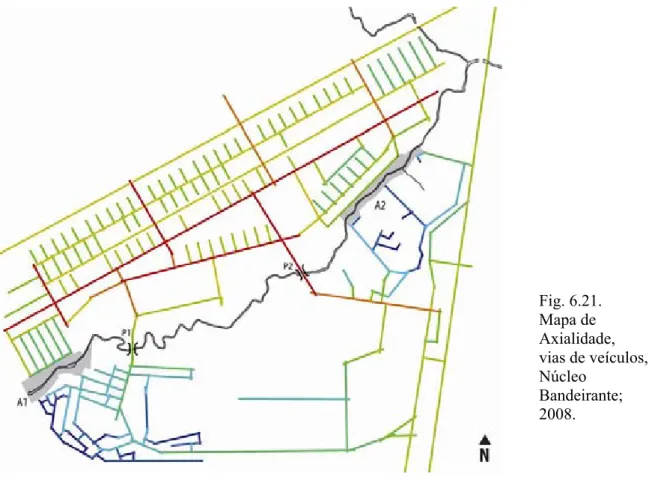Fig. 6.21.   Mapa de  Axialidade, vias de veículos,  Núcleo Bandeirante; 2008.  