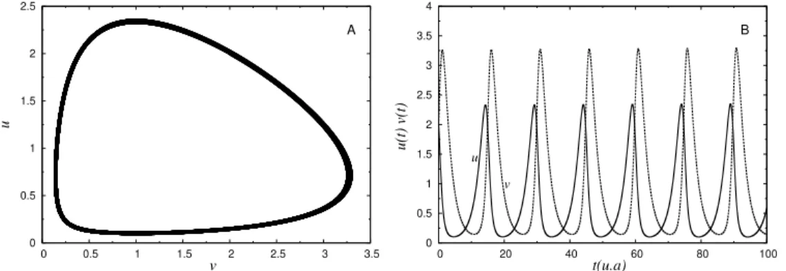 Figura 1.2: Solu¸c˜ao do sistema Lotka-Volterra para um predador e uma presa. No painel A temos o espa¸co de fase (v, u)