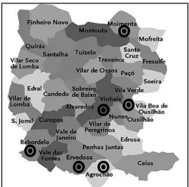 Figura 2. Mapa das freguesias do concelho de Vinhais, com destaque para as localidades  onde se inserem as instituições abordadas