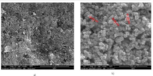 Figura 21: Imagens de Microscopia Eletrónica de Varrimento obtidas usando o modo de eletrões  secundários (SE) das nanopartículas purificadas NP1 para a ampliação a) 20 000 vezes e  b) 200 000 