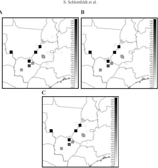 Figure 3. Irreplaceability values for (A) Variation 2 (4-D optimization) with heterozygosity as the 4th objective; (B)  Variation 2 with HWE as the 4th objective and ( C ) Variation 3 (5-D optimization)