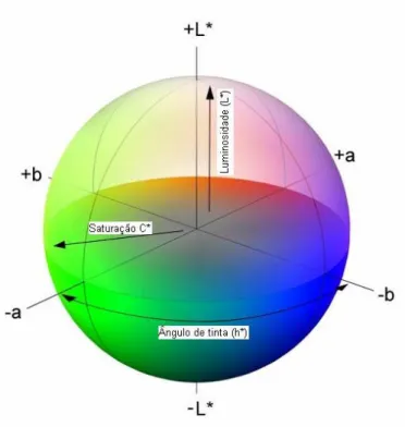 Figura 4.12 Sistema de coordenadas de cores CIELab. Fonte: Adaptado de Color Models (2011).