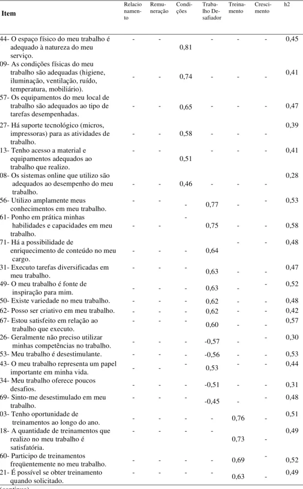 Tabela 2.2 - (Continuação)   Item  Relacio namen-to   Remu-neração  Condi-ções    Traba-lho  De-safiador  Treina-mento  Cresci-mento  h2 