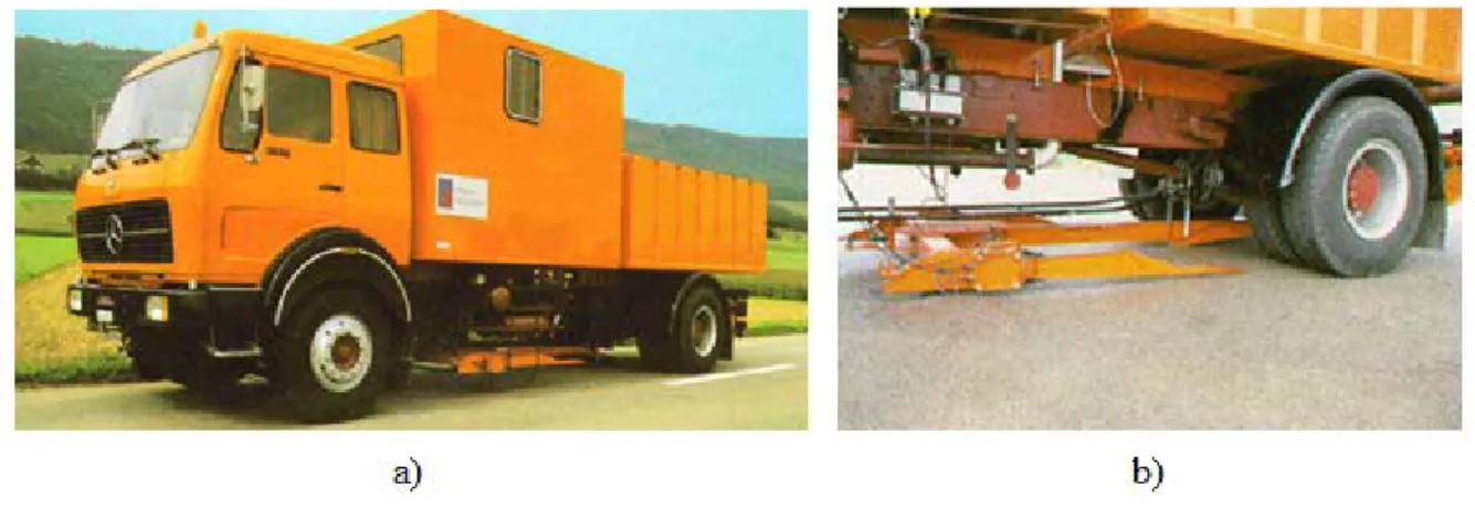 Figura 3.8 – a) camião que transporta o deflectógrafo de Lacroix e b) viga metálica em  posição de ensaio (SACR, 2012) 