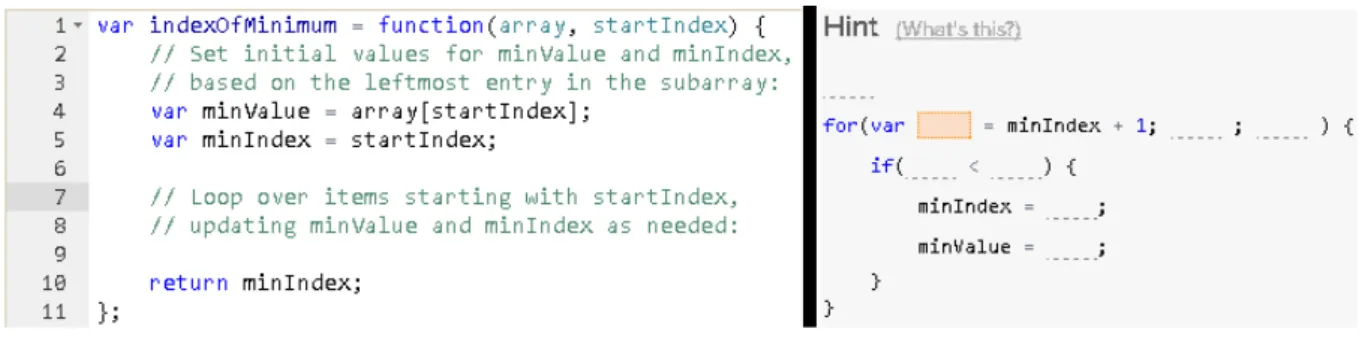 Figure 5 – Area to fill missing code fragment(left) and hint for it(right). 