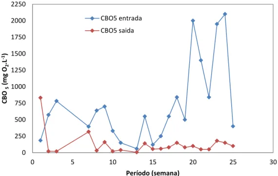 Figura 24 - Valores da Carência Bioquímica de Oxigénio (CBO 5 ) à entrada e saída do reator UASB  durante o período experimental