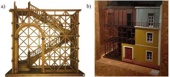 Figura 2.2 – Gaiola pombalina: a) Estrutura triangulada tridimensional de madeira; b)  Estrutura de madeira parcialmente preenchida com elementos de alvenaria e rebocada