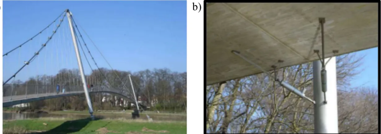Figura 2.12 – a) Ponte pedonal Minden na Alemanha; b) Pormenor dos dissipadores  instalados entre o tabuleiro e os Pilares