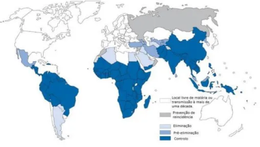 Figura 1 - Distribuição global representativa de países livres de malária e países endémicos para a malária em fases  de controlo, eliminação, pré-eliminação e prevenção de reintrodução