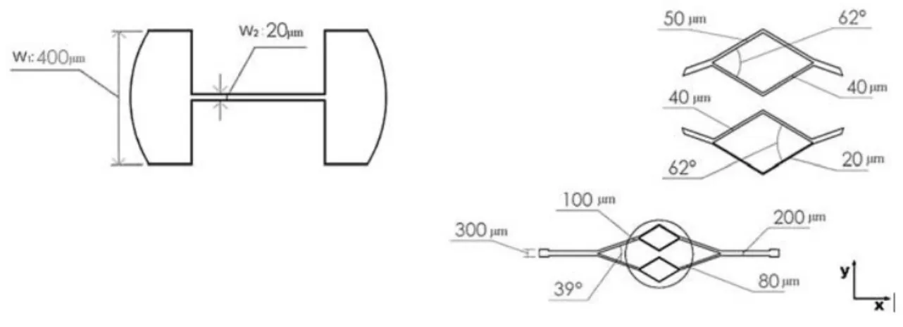 Figura 18 - Geometrias utilizadas num microcanal com contração e num microcanal com bifurcações [99]