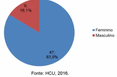 Figura  3  -   Distribuição  dos  trabalhadores  de  enfermagem  por  sexo  que  afirmaram  ter sofrido acidente de trabalho com  perfurocortante de 2013 a 2016,  HCU -  2016.