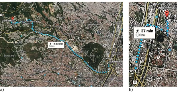 Figura 6.17  –  Medições em transporte público desde os pontos médios da Ciudadela Nuevo  Occidente (a) e Moravia (b) até o equipamento destino selecionado (Universidade de Antioquia) 