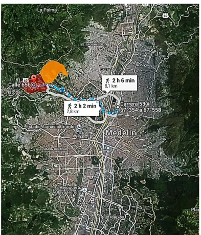 Figura 6.19  –  Marcação desde o ponto médio da Ciudadela Nuevo Occidente até a Universidade  de Antioquia