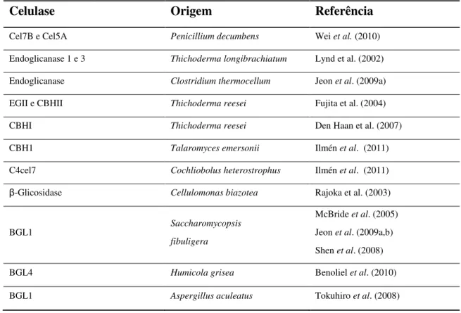 Tabela  2.  Exemplos  de  celulases  produzidas  por  expressão  heteróloga  em  Saccharomyces cerevisiae