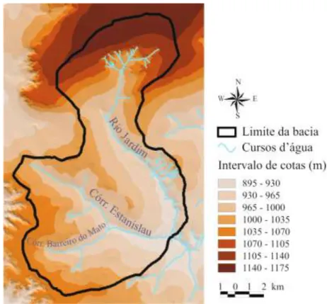 Figura 4.18 - Modelo digital de elevação (MDE) e hidrografia da região da Bacia do Alto  Rio Jardim