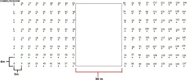 Figura  2:  Malha  de  coordenadas  que  descrevem  as  parcelas  de  amostragem  de  solo