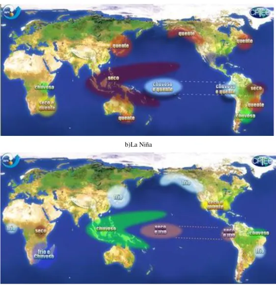 Figura  6.4 - Efeitos globais do ENSO para os meses de dezembro janeiro e fevereiro:  a)  efeitos do El Niño, b) efeitos da La Niña (INPE/CPTEC, 2012)