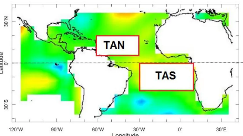 Figura 6.7 - Localização das zonas das regiões que constituem o DIPOLO do Atlântico, o  dipolo é  definido como a diferencia aritmética das anomalias da SST do Atlântico  norte  tropical (TAN) e as SST do Atlântico sul tropical (TAS), (IRI, 2012 a) 