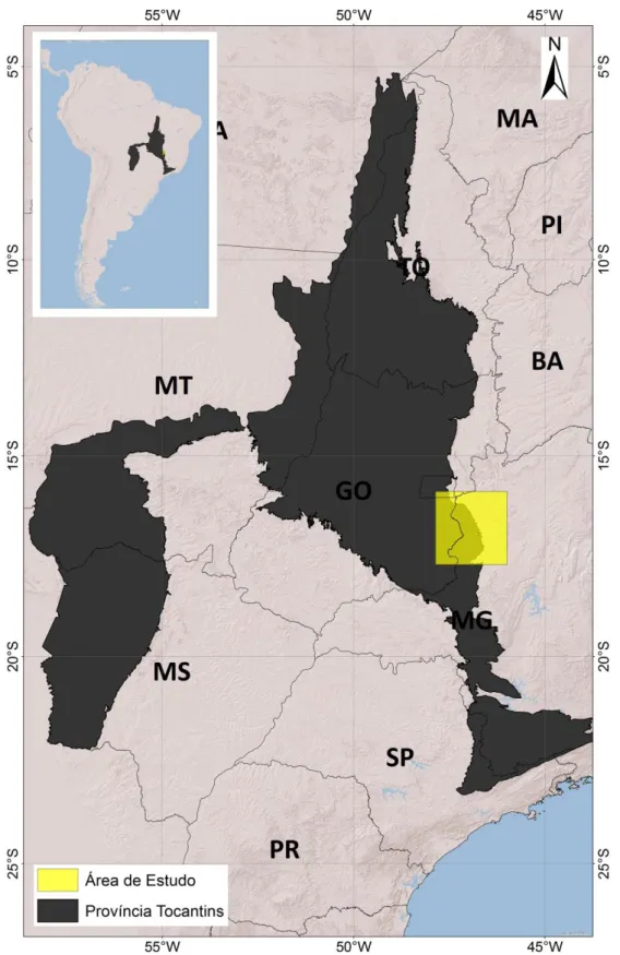 FIGURA 1.1  – Localização da Província Tocantins (PT) na América do Sul  (mapa menor) e  mapa político do Brasil com as siglas dos estados, localização da província e da  área de estudos