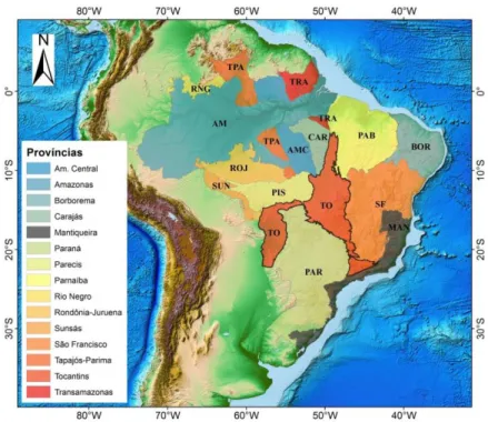 FIGURA  2.1  –  Plataforma  Sul-americana  e  as  províncias  geológicas  do  Brasil  (Bizzi  et  al