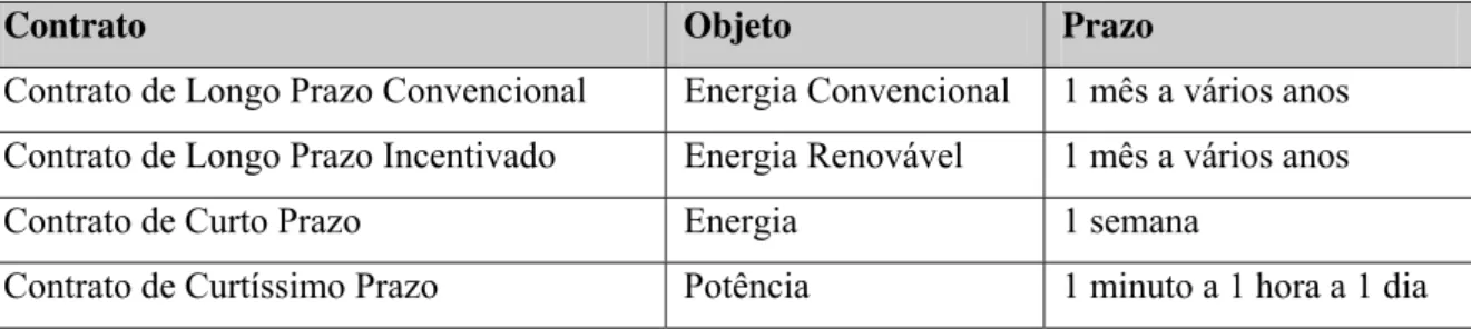 Tabela 3.1 – Síntese dos Contratos de Serviços de Eletricidade do modelo. 