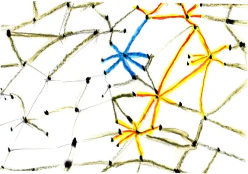 Figura 6  –  A rede e as três redes de Barán (aquarela sobre papel, da própria autora) 